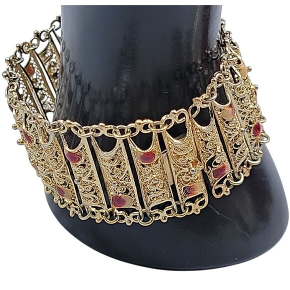 Electroplated Gold on 800 Silver Filigree Panel Bracelet Red White Accents 7.25" - Picture 4 of 15